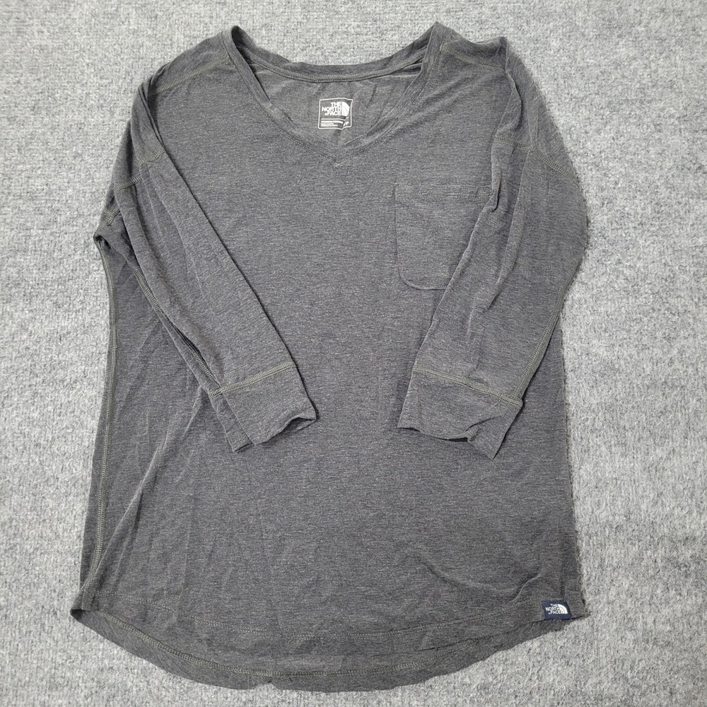 The North Face Top Womens Size S Grey V-Neck 3/4 Sleeve Pocket Active Relaxed